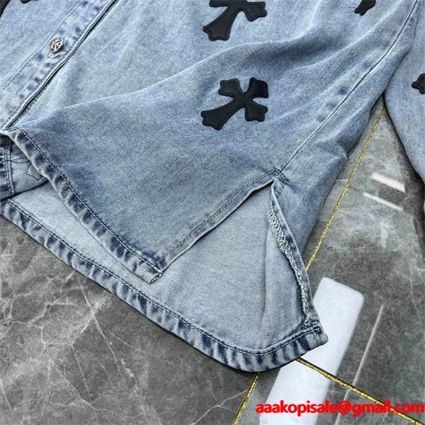 クロムハーツ コピー 個性的 クール デニムシャツ クロスワッペン デザイン CHROME HEARTS