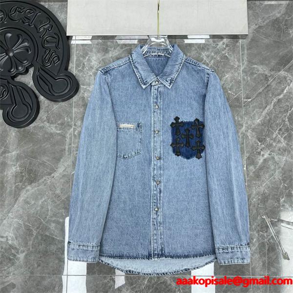 クロムハーツ コピー 上品 高品質 デニムシャツ クロス刺繍 ポケットデザイン CHROME HEARTS