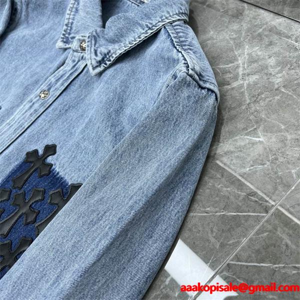 クロムハーツ コピー 上品 高品質 デニムシャツ クロス刺繍 ポケットデザイン CHROME HEARTS