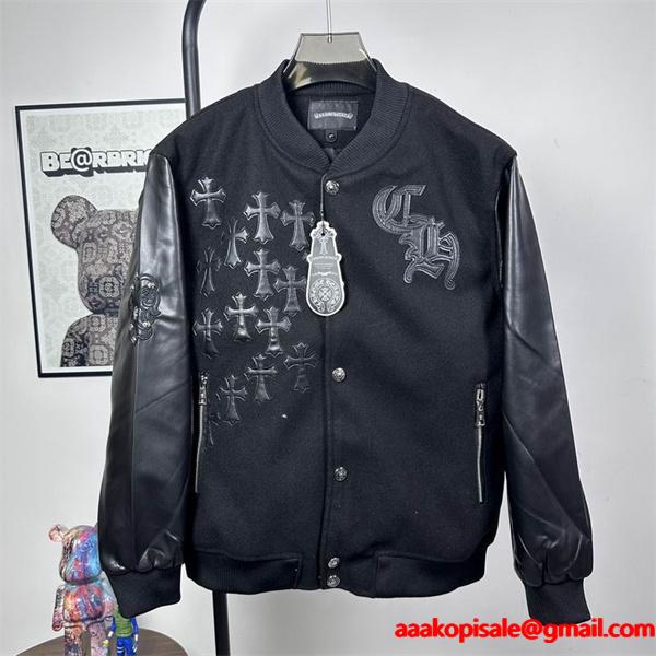 CHROME HEARTS コピー 上品 重厚 レザースタジャン クロス刺繍 ブラック クロムハーツ