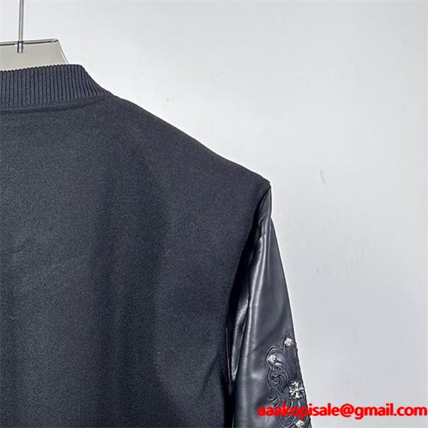 CHROME HEARTS コピー 上品 重厚 レザースタジャン クロス刺繍 ブラック クロムハーツ