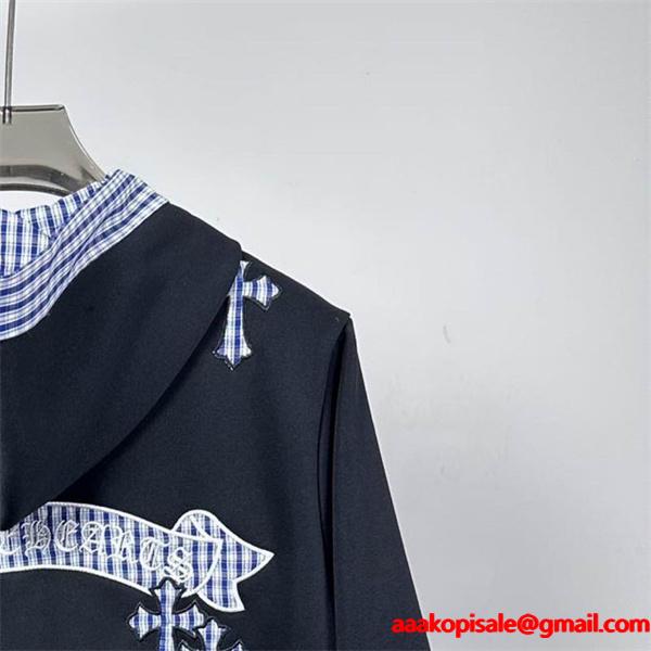 CHROME HEARTS コピー カジュアル 上質 パーカー チェックフード クロス刺繍 クロムハーツ