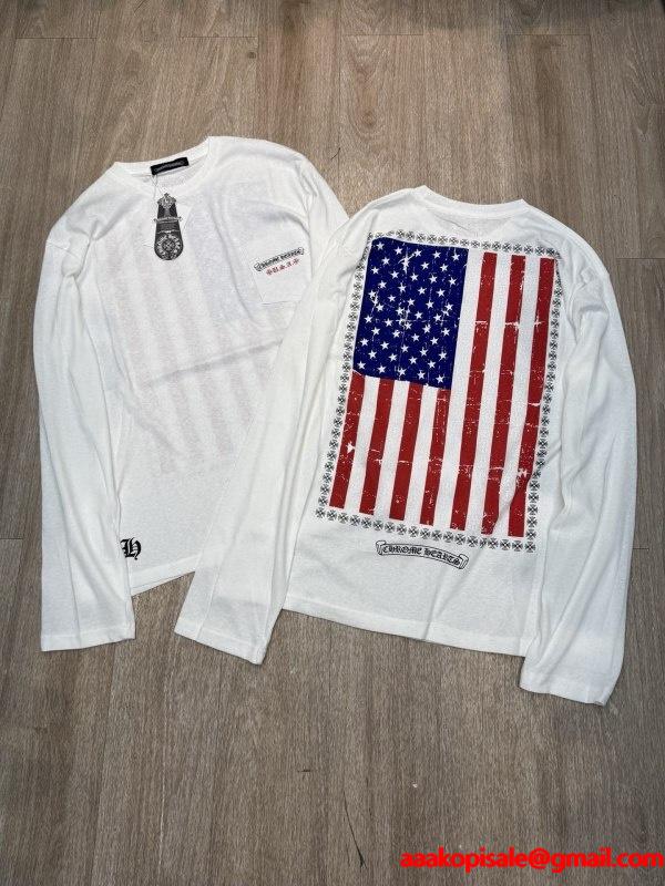 クロムハーツ スーパーコピー アメリカンヴィンテージ スタイル 長袖Tシャツ 星条旗プリント CHROME HEARTS