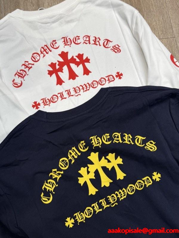 CHROME HEARTS 偽物 モダンクラシック デザイン ネイビー＆ホワイト 長袖Tシャツ HOLLYWOODロゴ クロムハーツ