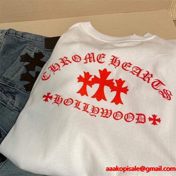 CHROME HEARTS 偽物 モダンクラシック デザイン ネイビー＆ホワイト 長袖Tシャツ HOLLYWOODロゴ クロムハーツ