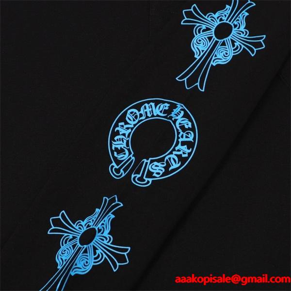 CHROME HEARTS スーパーコピー クールライト ブルーアクセント 長袖Tシャツ クロスプリントデザイン クロムハーツ