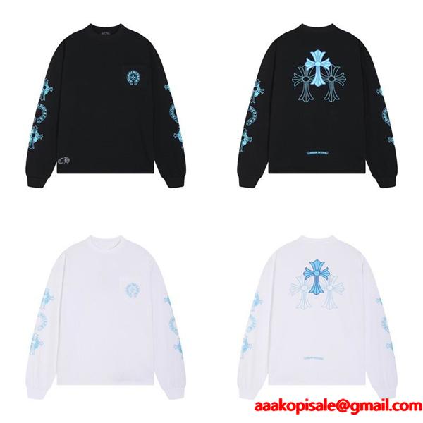 CHROME HEARTS スーパーコピー クールライト ブルーアクセント 長袖Tシャツ クロスプリントデザイン クロムハーツ