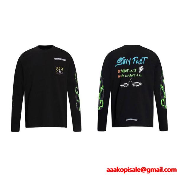 CHROME HEARTS コピー アクティブグラフィック ブラック長袖Tシャツ STAY FASTロゴデザイン クロムハーツ
