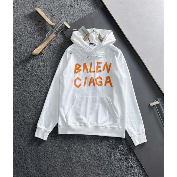 バレンシアガ コピー パーカー ホワイト オレンジロゴ 手書き風 プリントデザイン カジュアル ストリート BALENCIAGA