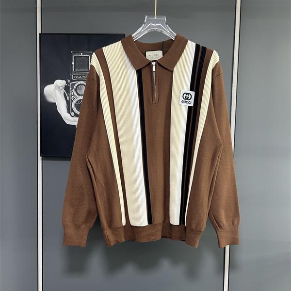 グッチ コピー ストライプ ジップアップ 襟付き ニット トップス ブラウン アイボリー GUCCI