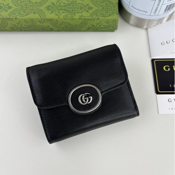 GUCCI スーパーコピー 三つ折り財布 シンプルデザイン ブラックレザー GGロゴ 高品質N級品 グッチ