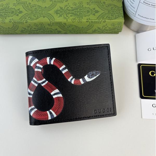 グッチ 偽物 二つ折り財布 キングスネークデザイン ブラックレザー シンプル メンズ人気 GUCCI