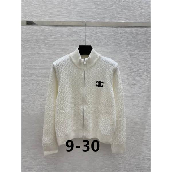 CELINE コピー エレガントなホワイト×ピンク セリーヌ ダイヤ柄 ジップカーディガン