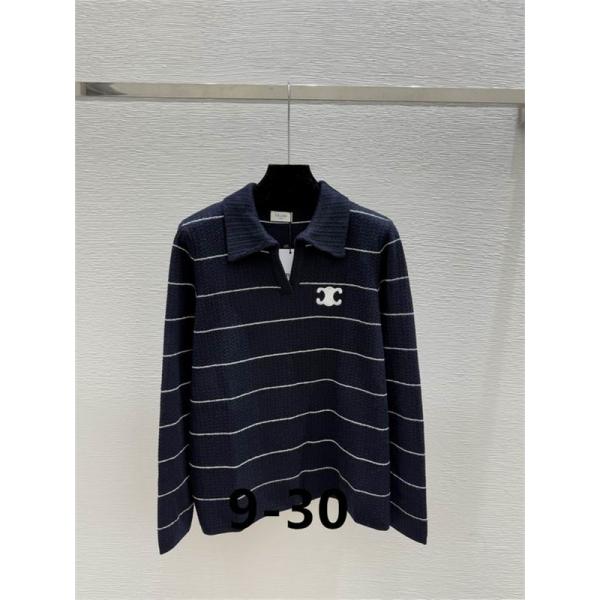 ナチュラルベージュ×ネイビー セリーヌ CELINE スーパーコピー ボーダー ニット ポロセーター