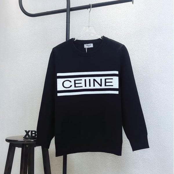 CELINE セリーヌ 偽物 2025秋冬 ブラック×ホワイト ボーダーロゴ ニット セーター 人気急上昇アイテム