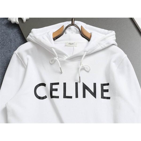 CELINE セリーヌ 偽物 最新コレクション ホワイト ビッグロゴ フーディ パーカー 2025AW注目アイテム