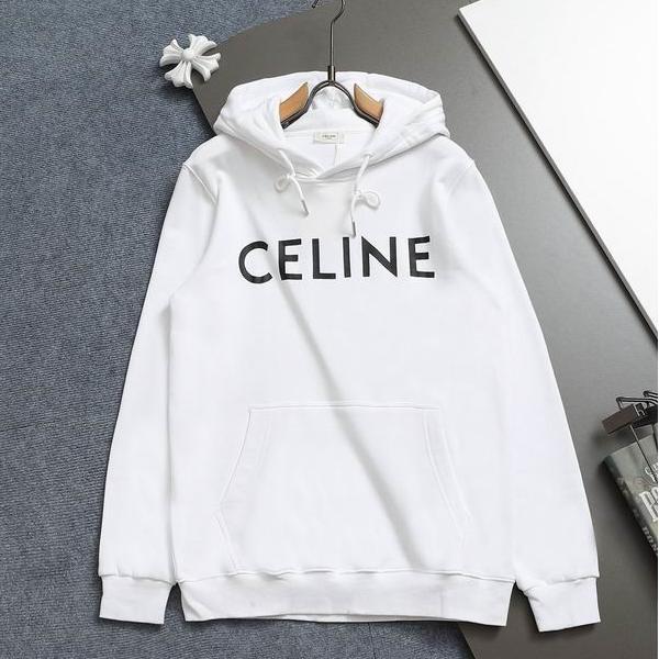 CELINE セリーヌ 偽物 最新コレクション ホワイト ビッグロゴ フーディ パーカー 2025AW注目アイテム