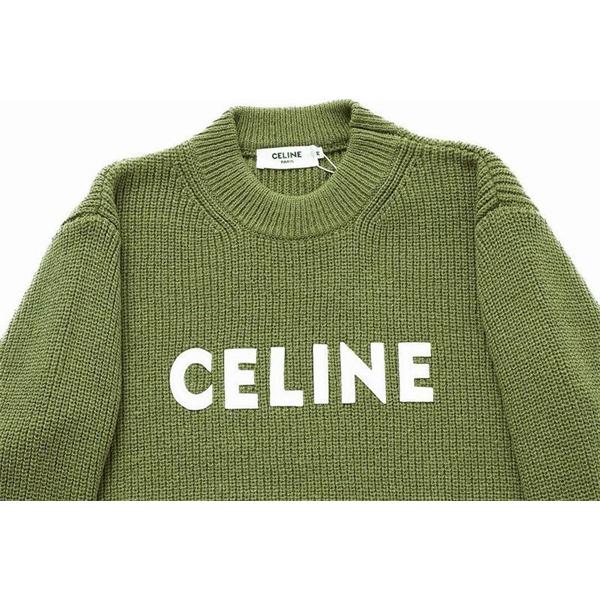 セリーヌ CELINE スーパーコピー柔らかな風合いが魅力の カーキ ロゴ刺繍 クルーネック ニット セーター
