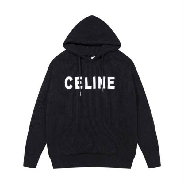 上品でモダンな印象の セリーヌ CELINE コピー 2025秋冬新作 ブラック ロゴ刺繍 ニット フーディ