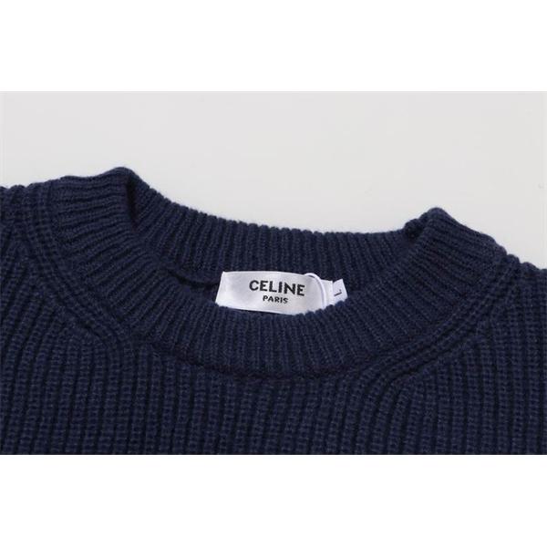  上質なネイビーが映える 2025秋冬新作 ロゴ刺繍 クルーネック ニット セーター セリーヌ CELINE 偽物