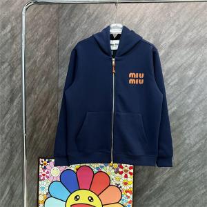 ミュウミュウ コピー パーカー ジップアップ ロゴプリント カジュアル モード系 ネイビー Miu Miu