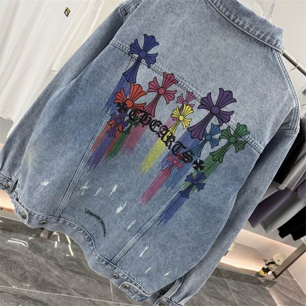 CHROME HEARTS コピー 個性的 華やか デニムジャケット レインボークロス バックプリント クロムハーツ