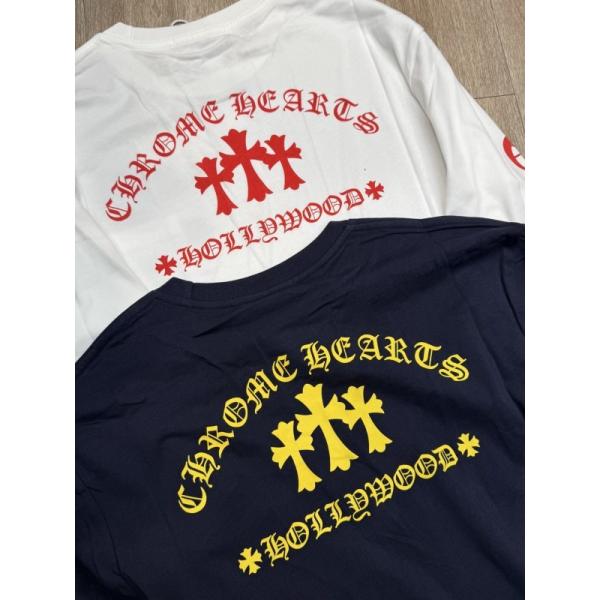 CHROME HEARTS 偽物 モダンクラシック デザイン ネイビー＆ホワイト 長袖Tシャツ HOLLYWOODロゴ クロムハーツ