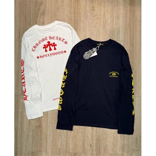 CHROME HEARTS 偽物 モダンクラシック デザイン ネイビー＆ホワイト 長袖Tシャツ HOLLYWOODロゴ クロムハーツ