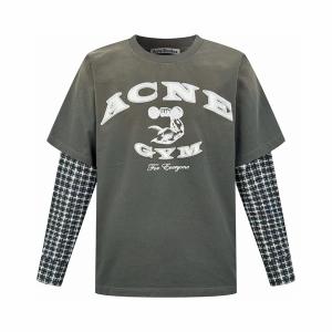 Acne Studios アクネ ストゥディオズ 激安 25FW ロゴ刺繍フェイクレイヤード長袖Tシャツ メンズ レディース ホワイト＆グリーン