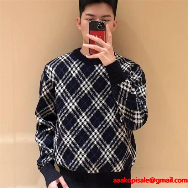 Burberry 紺色格子柄デザイン 秋冬大人気定番 バーバリー 偽物 クルーネックニット スーパーコピークオリティ