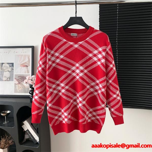 赤色格子柄デザイン 秋冬アクティブ注目 Burberry バーバリー コピー クルーネックニット クオリティ 季節限定モデル