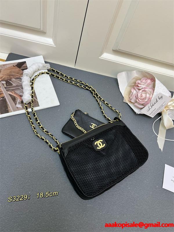 ブラック メッシュデザイン チェーンアクセント シャネル スーパーコピー ショルダーバッグ Chanel 2025秋冬