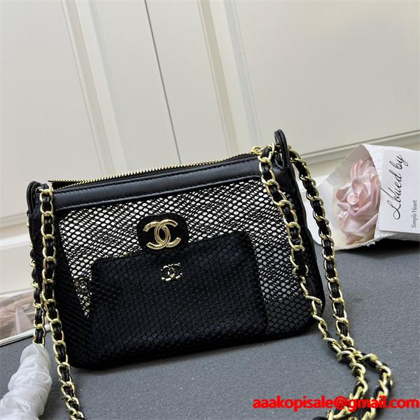 ブラック メッシュデザイン チェーンアクセント シャネル スーパーコピー ショルダーバッグ Chanel 2025秋冬