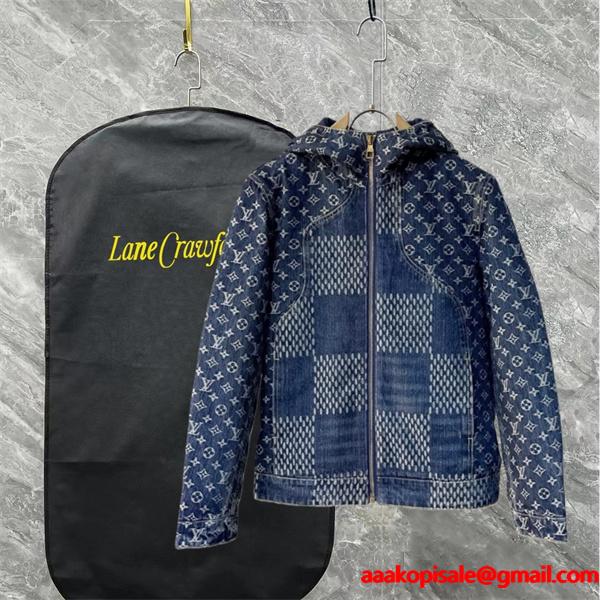  Louis Vuitton ルイヴィトン 偽物 デニムダウンジャケット 秋冬限定 高級感溢れる 人気 ネイビーブルー パッチワークデザイン