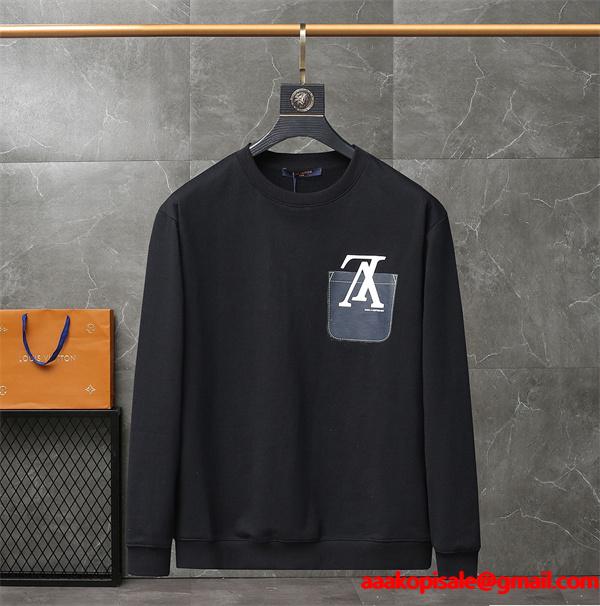 大人シック 上品スタイル Louis Vuitton ルイヴィトン 偽物 ポケットロゴ ブラック パーカー ホワイト 