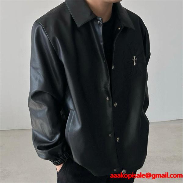 Chrome Hearts クロムハーツ 2025秋冬新作 ブラック シンプル クロス刺繍デザイン 偽物 レザージャケット