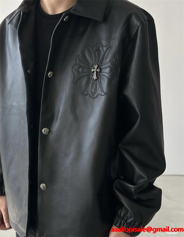 Chrome Hearts クロムハーツ 2025秋冬新作 ブラック シンプル クロス刺繍デザイン 偽物 レザージャケット