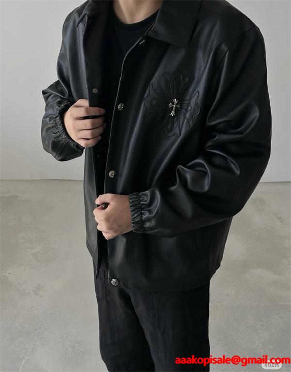 Chrome Hearts クロムハーツ 2025秋冬新作 ブラック シンプル クロス刺繍デザイン 偽物 レザージャケット