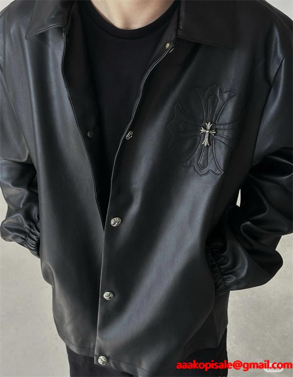 Chrome Hearts クロムハーツ 2025秋冬新作 ブラック シンプル クロス刺繍デザイン 偽物 レザージャケット