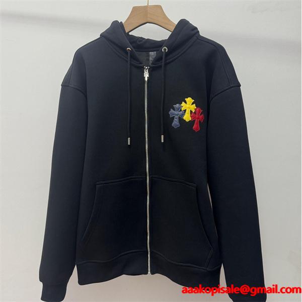  季節限定 ブラック カラフル クロス刺繍デザイン Chrome Hearts クロムハーツ スーパーコピー パーカー 裏起毛