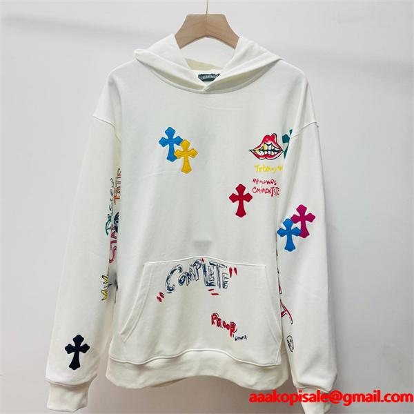2025秋冬新作 ホワイト カラフル グラフィティ クロス刺繍デザイン Chrome Hearts クロムハーツ 偽物 パーカー