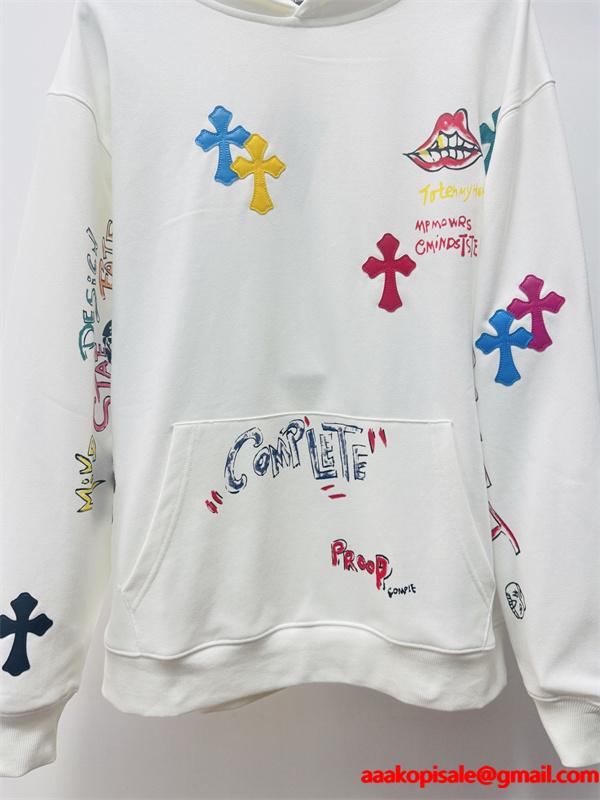 2025秋冬新作 ホワイト カラフル グラフィティ クロス刺繍デザイン Chrome Hearts クロムハーツ 偽物 パーカー