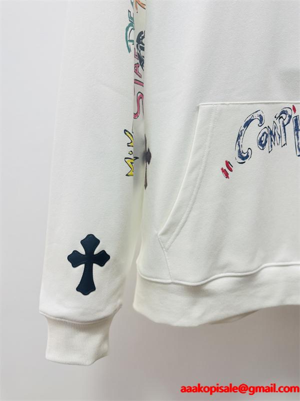 2025秋冬新作 ホワイト カラフル グラフィティ クロス刺繍デザイン Chrome Hearts クロムハーツ 偽物 パーカー