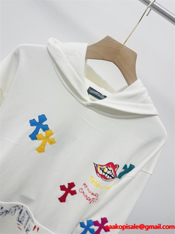 2025秋冬新作 ホワイト カラフル グラフィティ クロス刺繍デザイン Chrome Hearts クロムハーツ 偽物 パーカー