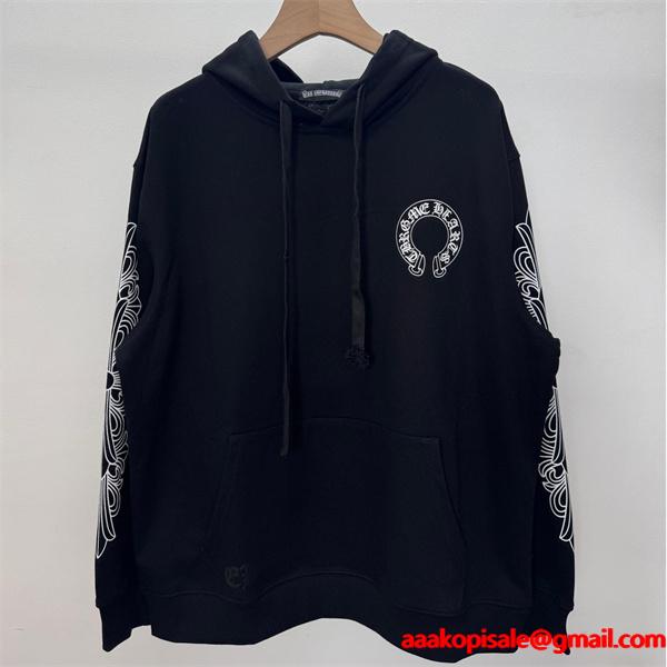 2025秋冬新作 ブラック ホースシュー ロゴスリーブデザイン Chrome Hearts クロムハーツ 偽物 パーカー