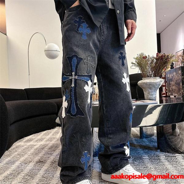 2025秋冬限定 ブラック ブルー ホワイト クロス刺繍デザイン Chrome Hearts クロムハーツ 偽物 デニムパンツ