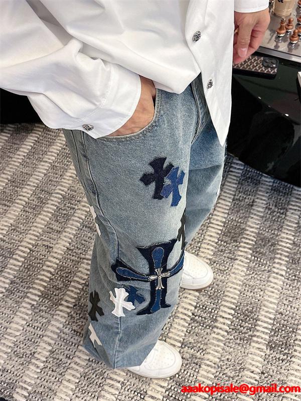 2025秋冬限定 ブラック ブルー ホワイト クロス刺繍デザイン Chrome Hearts クロムハーツ 偽物 デニムパンツ