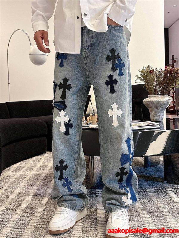 2025秋冬限定 ブラック ブルー ホワイト クロス刺繍デザイン Chrome Hearts クロムハーツ 偽物 デニムパンツ