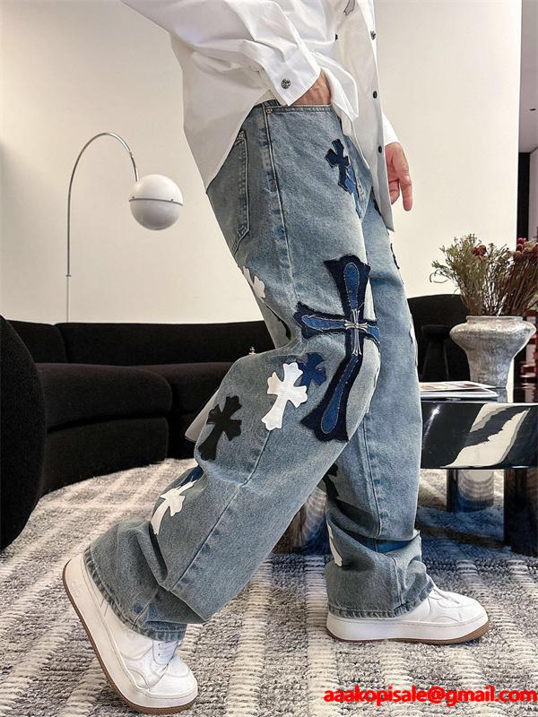 2025秋冬限定 ブラック ブルー ホワイト クロス刺繍デザイン Chrome Hearts クロムハーツ 偽物 デニムパンツ