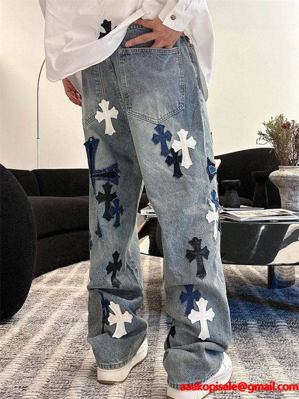 2025秋冬限定 ブラック ブルー ホワイト クロス刺繍デザイン Chrome Hearts クロムハーツ 偽物 デニムパンツ
